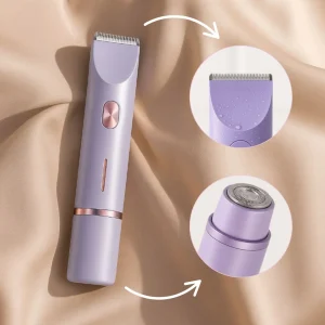 2-in-1 women's electric razor, front view with detachable 3-in-1 trimmer head